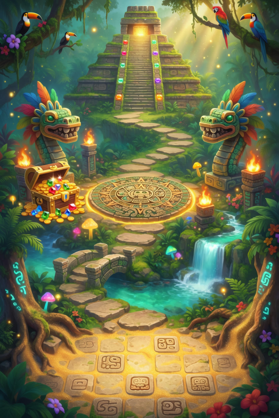 Mapa pintado de um templo maia na selva, com trilha de pedra, estátuas e um baú de moedas
