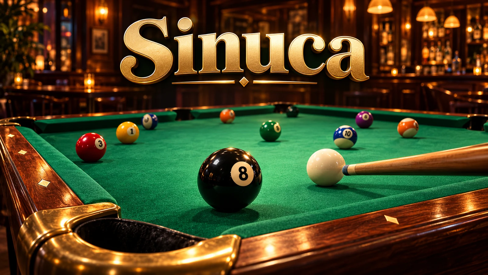 Mesa de sinuca verde em um bar, com a bola 8 em primeiro plano